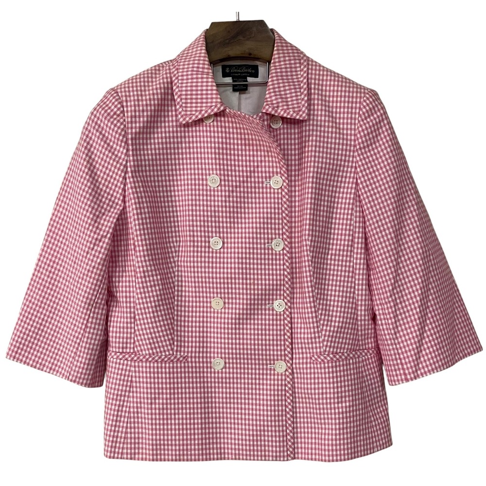 Brooks Brothers Womens Pink Gingham Cotton Double Breasted Blazer Jacket Work 14